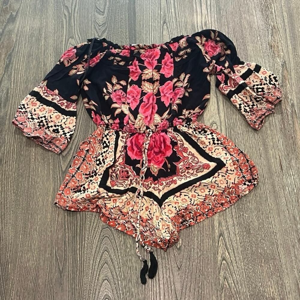 Angie Womens Off The Shoulder Romper Long Sleeves Floral Black/Multicolor Size M
